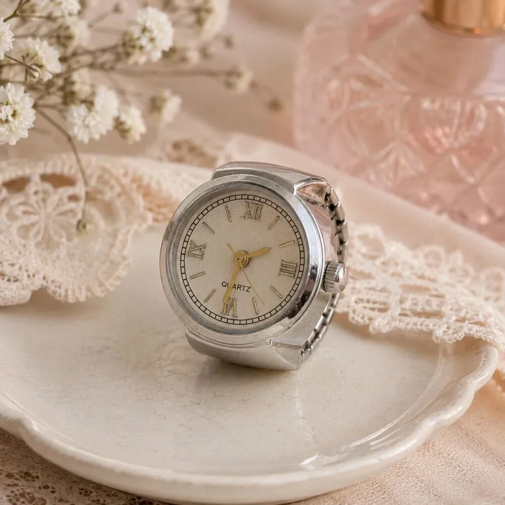 Silver Tone Quartz Ring Watch, Stretch Band, Retro Statement Jewelry